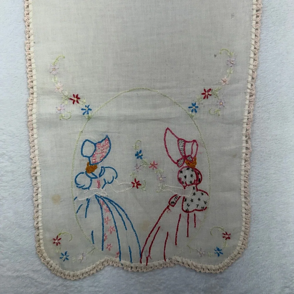 Vintage 35x10 Dresser Runner Hand Embroidered Floral Figures Cream Crochet Trim